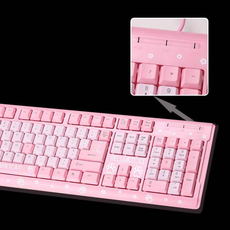 Kitty Keyboard Lucu Pink USB Keyboard Kabel Ultra-Tipis Tahan Air 104tombol Keyboard Gaming Keyboard Kantor