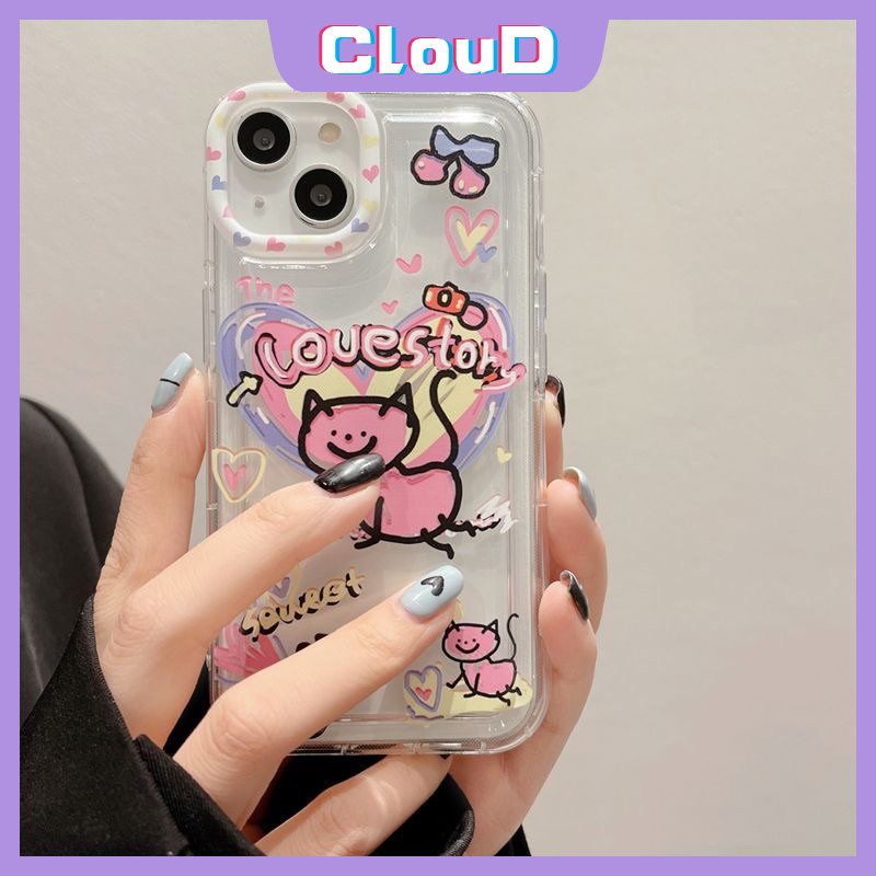 IPHONE Lucu Kartun Cinta Hati Kucing Ponsel Jernih Case Kompatibel Untuk Iphone11 13 12 14 Pro Max7 8 6s 6 Plus XR X XS Max SE 2020 Lembut Silicon TPU Airbag Shockproof Ins Graffiti Cover
