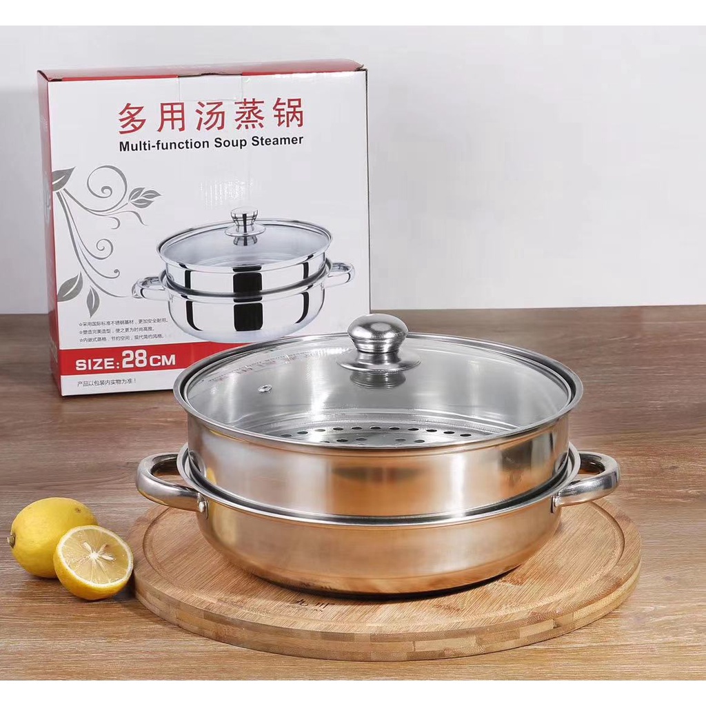 Multi Function Soup Steamer 28Cm Stenlis Panci Kukusan Tutup Kaca MURAH