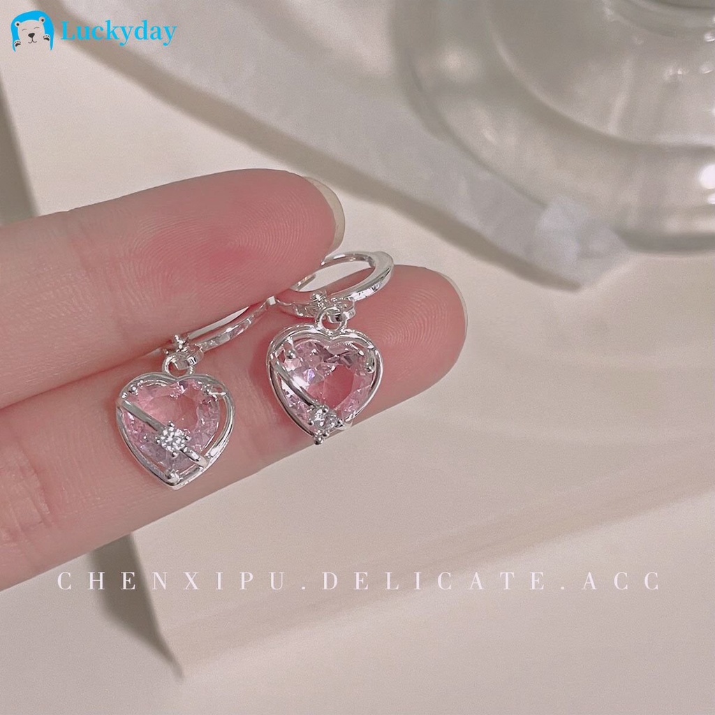 YEEZII Anting Hoop Zircon Pink Manis Elegan Anting Kristal Silver Untuk Aksesoris Perhiasan Wanita