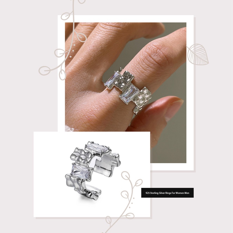 Cincin Perak925 Sterling Untuk Wanita Pria Batu Putih Kotak Sederhana Trendi Retro Adjustable Anillos Hadiah Pesta