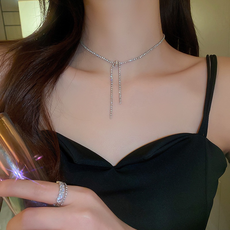 IFYOU Temperamen Zirkon Busur Kalung Untuk Wanita Kristal Perak Rantai Choker Perhiasan Aksesoris