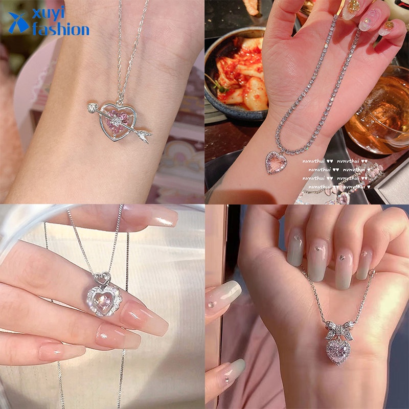 Manis Pink Zirkon Hati Kalung Anting Wanita Elegan Mutiara Tulip Cherry Cupid Panah Choker Aksesoris Perhiasan