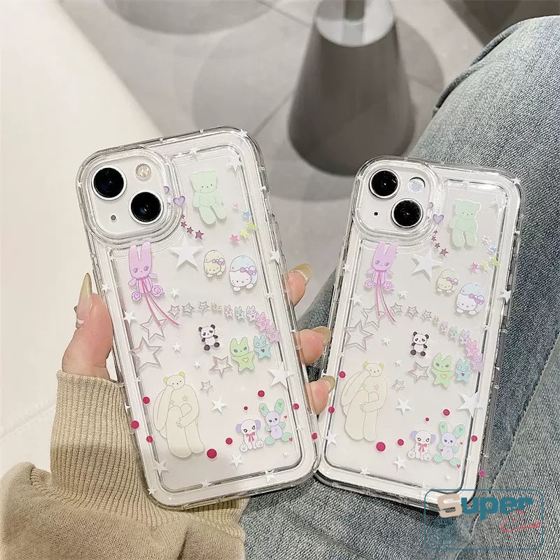 IPHONE Bening Lembut Silicon TPU Case Kompatibel Untuk Iphone7 8 6 6s Plus 11 13 14 12 Pro MAX XR X XS MAX SE 2020 Ins Graffiti Lucu Kartun Lovely Star Bear Airbag Shockproof Back Cover