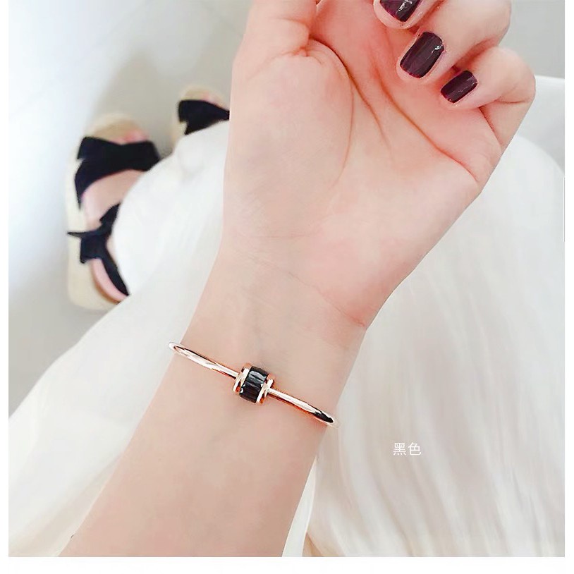 Gelang Tangan Titanium Steel Lapis Rose Gold 18K Hias Batu Kristal Es Gaya Jepang Korea Selatan