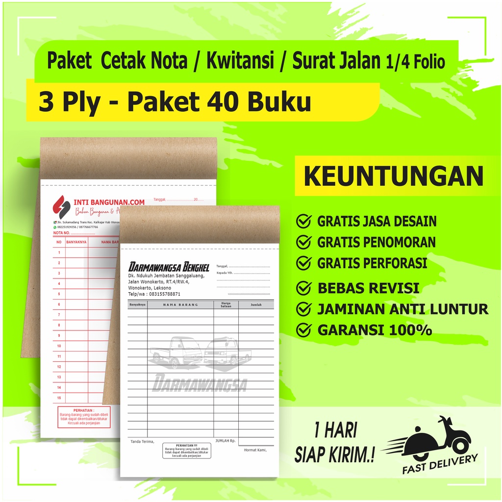 

cetak Nota custom 3 ply / Paket 40 buku 3 Rangkap ( 1 RIM ) nota custom surat jalan custom BEBAS DESAIN