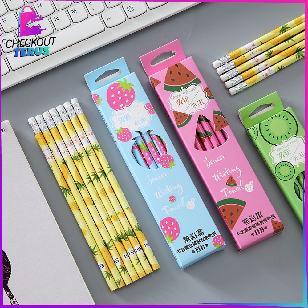 CT A49 Pensil Kayu Set 12IN1 Motif Buah With Eraser Alat Tulis Dengan Penghapus Sekolah 12pcs Pencil Fruits Praktis Import