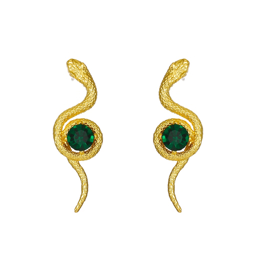 Temperamen Berliku Anting Ular Kecil Retro Fashion Hijau Zirkon Serpentine Earring Untuk Wanita Perempuan Perhiasan Pesta