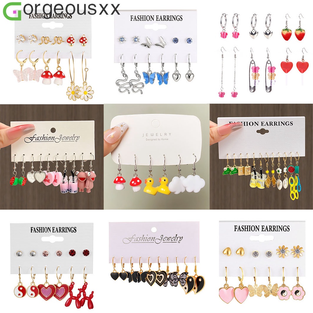 Set Anting Kait Resin Hewan Kupu-Kupu Bebek Kodok Warna-Warni Untuk Wanita Berbagai Cinta Hati Perhiasan Resin Aksesoris Pesta