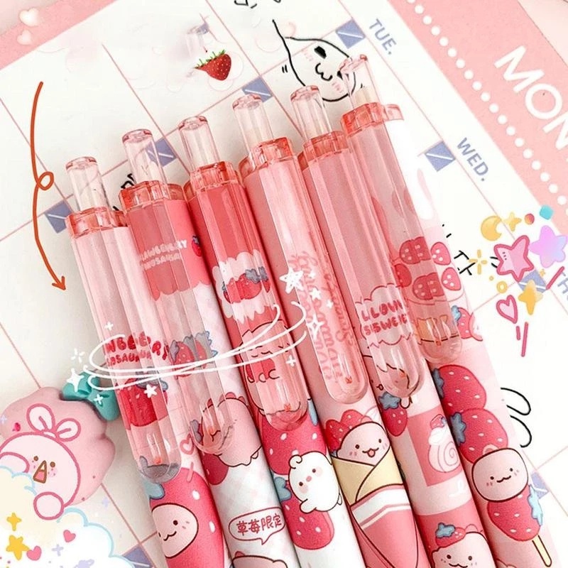 [Gaya Random] Kawaii Strawberry Dinosaurus Press Gel Pen 0.5mm Tinta Hitam Bolpoin Siswa Menulis Tanda Tangan Pena Sekolah Perlengkapan Alat Tulis Kantor