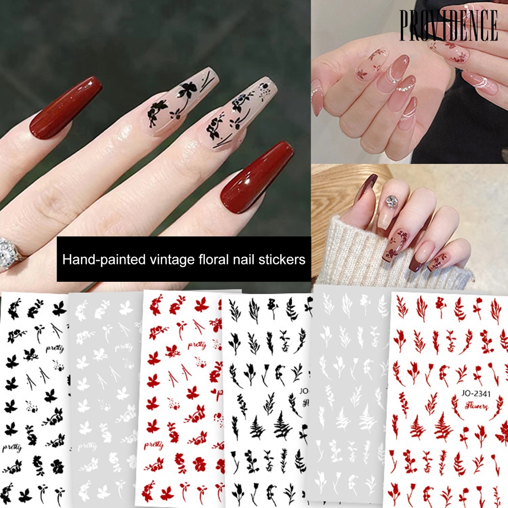 Providence 6lembar Stiker Kuku Tidak Luntur Perekat Diri Tahan Lama DIY Warna Solid Hitam Putih Digambar Tangan Daun Mawar Nail Art Decal Salon Kuku Supply