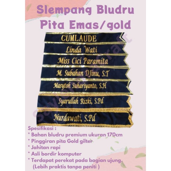 (MURAH) SELEMPANG CUSTOM BLUDRU LIST PITA / SELEMPANG WISUDA BLUDRU CUSTOM BORDIR KOMPUTER / SLEMPAN