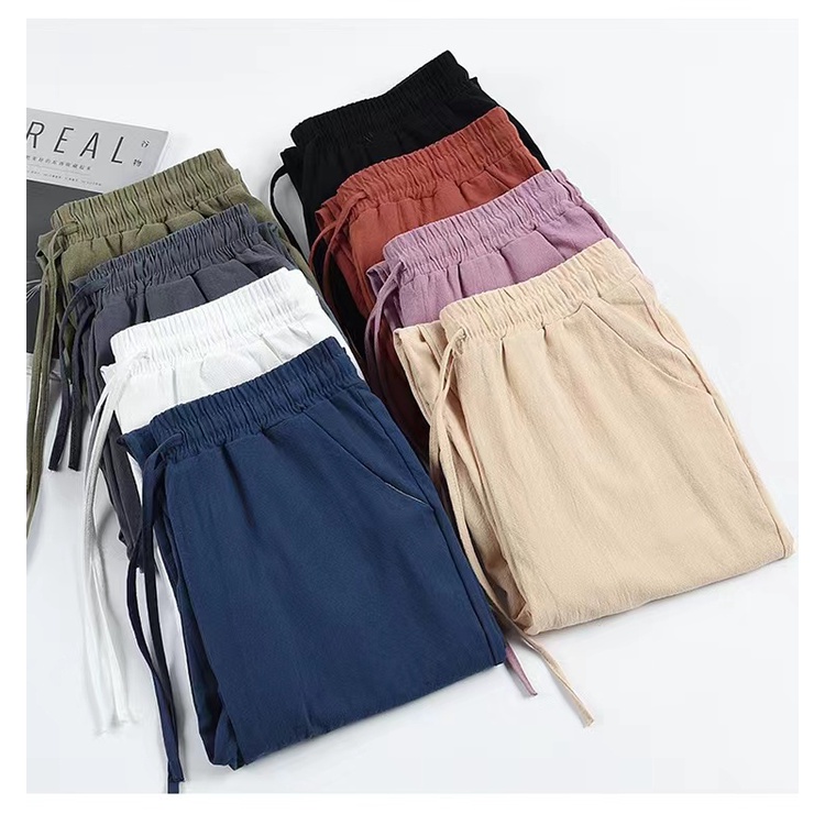 S-2XL Katun Linen Celana Cropped High Waist Berbahan Warna Solid Untuk Wanita Kasual Pants