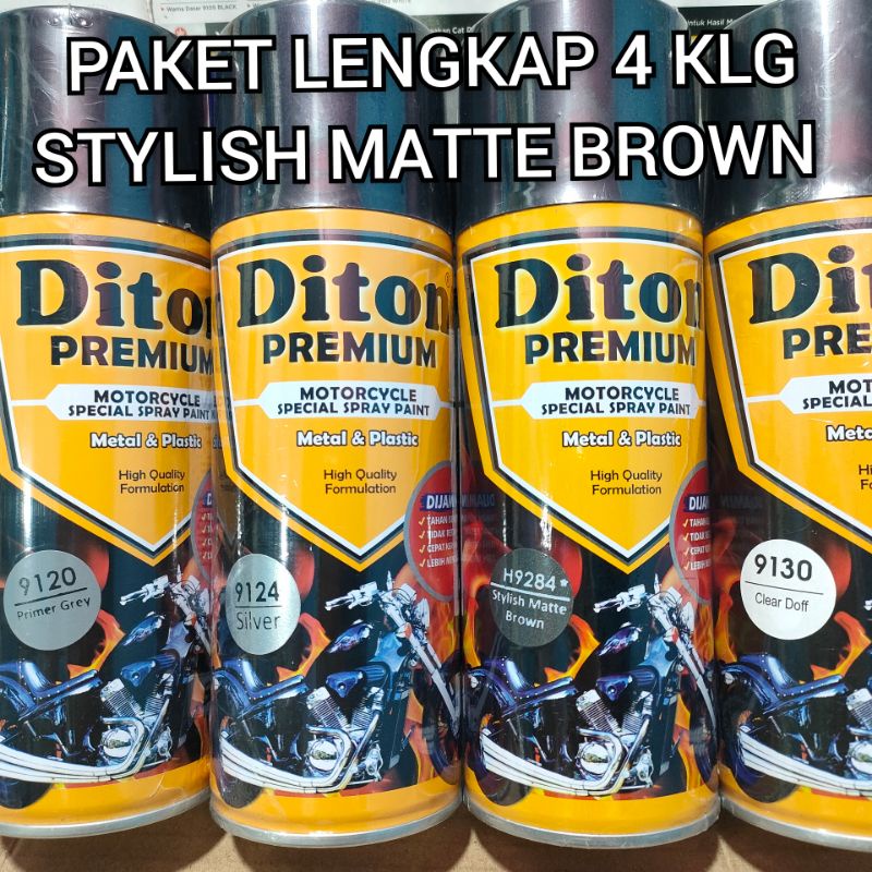Pilok Cat Diton Premium Paket Komplit 4 Kaleng Stylish Matte Brown Coklat Doff Dop 9284 Primer Grey 9120 Silver 9124 Clear Doff 9130 400cc Pilox Paketan Cat Semprot Special Spray Paint