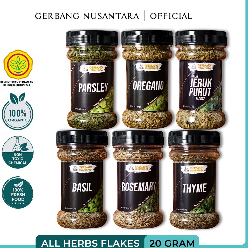 

H25 BUMBU DAPUR BASIL OREGANO THYME ROSEMARY PARSLEY FLAKES- REMPAH GERBANG NUSANTARA- DAUN FLAKES BAYLEAF PENJUALAN TERBANYAK グ