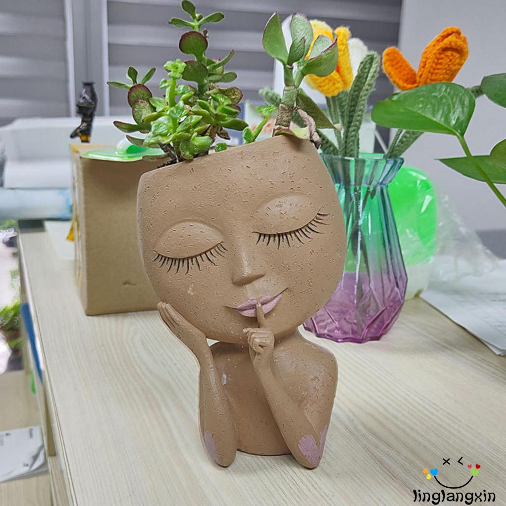 Llx-wajah Gadis Lucu Ornamen Holder Pot Bunga Resin Untuk Taman Rumah Kantor Desktop