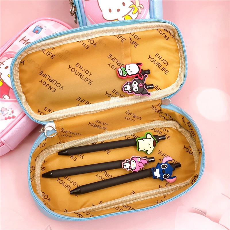 Melody Kuromi PU Kotak Alat Tulis Hello Kitty Cinnamoroll Pochacco Kartun Ritsleting Siswa Tas Pensil Tas Penyimpanan Kosmetik