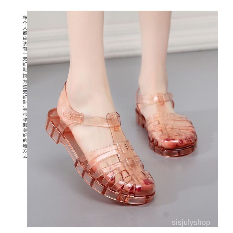 [✅BISA COD] #Sisjuly# Sandal baru wanita musim panas datar bawah tumit rendah sepatu kristal transpa