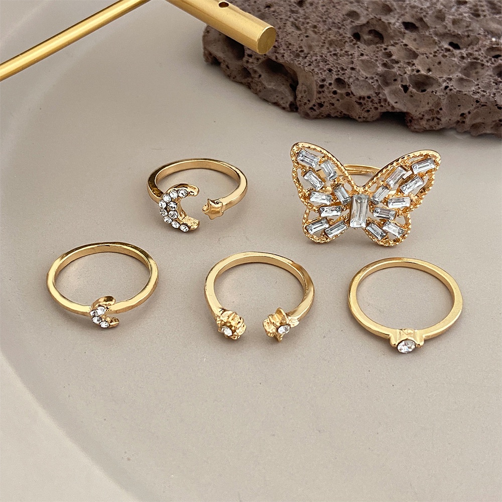 5 Pcs/Set Indah Vintage Pembukaan Adjustable Jari Cincin Elegan Kristal Wanita Fashion Berlian Bintang Bulan Butterfly Rings Sederhana Berongga Butterfly Ring Set