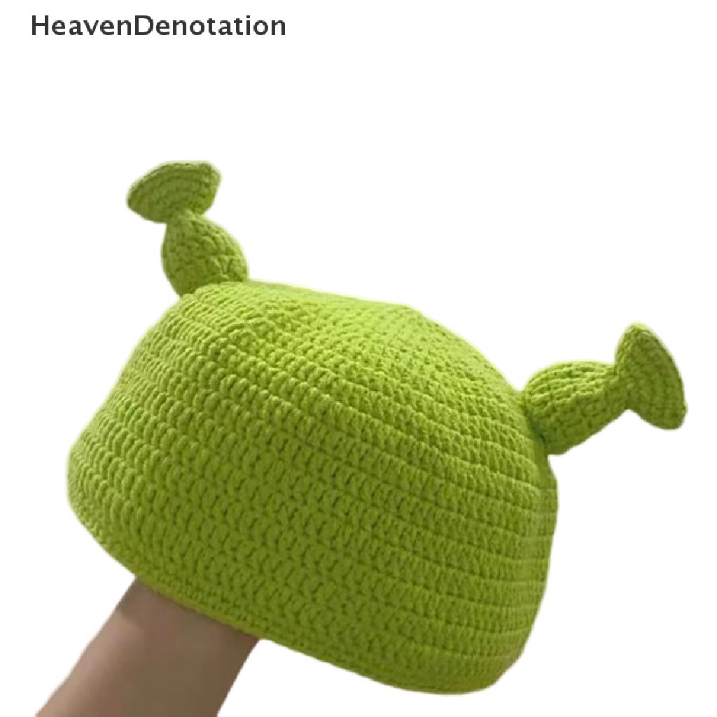 [HeavenDenotation] Unisex Monster Shrek Topi Wool Knitted Hats Green Party Lucu Beanie Skullies Cap Untuk Wanita Pria Murni Handmade HDV