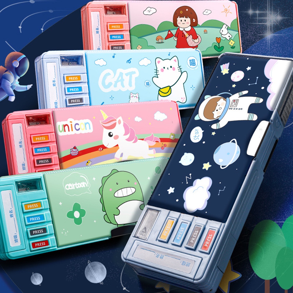 Unicorn Space Double Layers Mutifunction Pencil Box Untuk Pelajar Sekolah Kotak Penyimpanan
