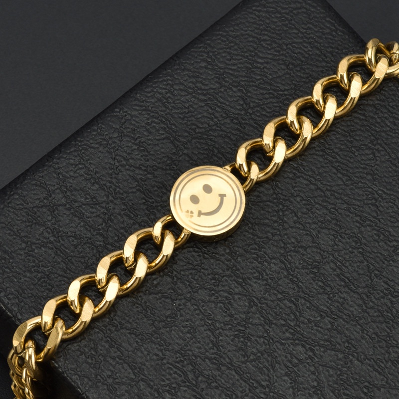 Gelang Bahan Titanium Steel 18K Desain Smiley Face Warna Emas Gaya Hip Hop Korea Jepang