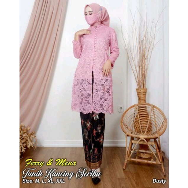Baju Kebaya Modern Tunik Brokat Kancing Seribu Kebaya dusty pink Modern Jumbo LD 130 cm