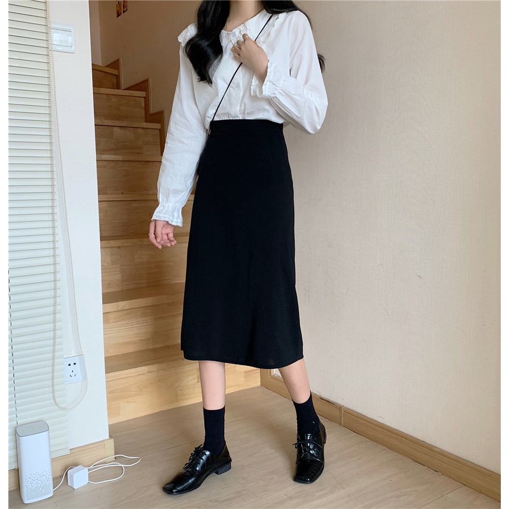 COD New 2022 Fashion Korea Women Black Blue Casual Work Midi Skirts