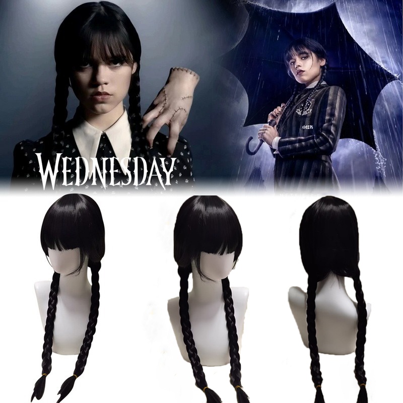 Film Rabu Addams Cosplay Wig Addams Keluarga Cosplay Gadis Wig Panjang Kepang Hitam Tahan Rambut Wig Sintetis