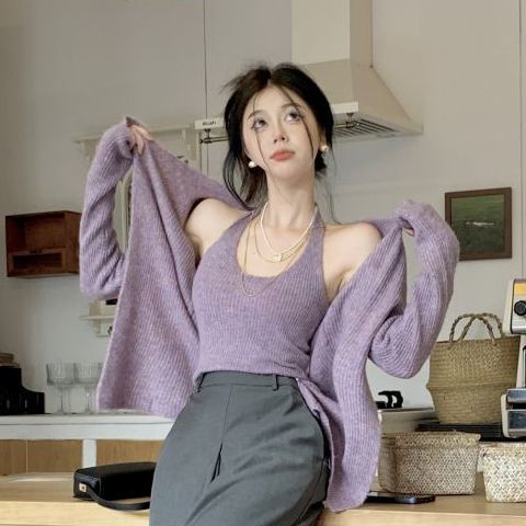 Red Set dua potong / satu potong awal musim semi baru menggantung leher rajutan selendang selempang wanita keinginan murni angin manis dan pedas cardigan sweater di luar