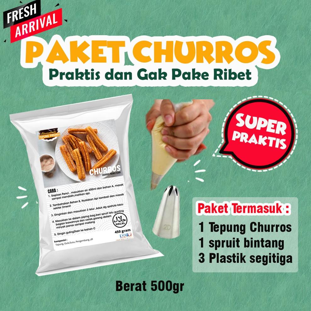 

B31 PAKET !! TEPUNG PREMIX CHURROS 450GR DENGAN SPRUIT DAN PLASTIK SEGITIGA BARU SPESIAL げ