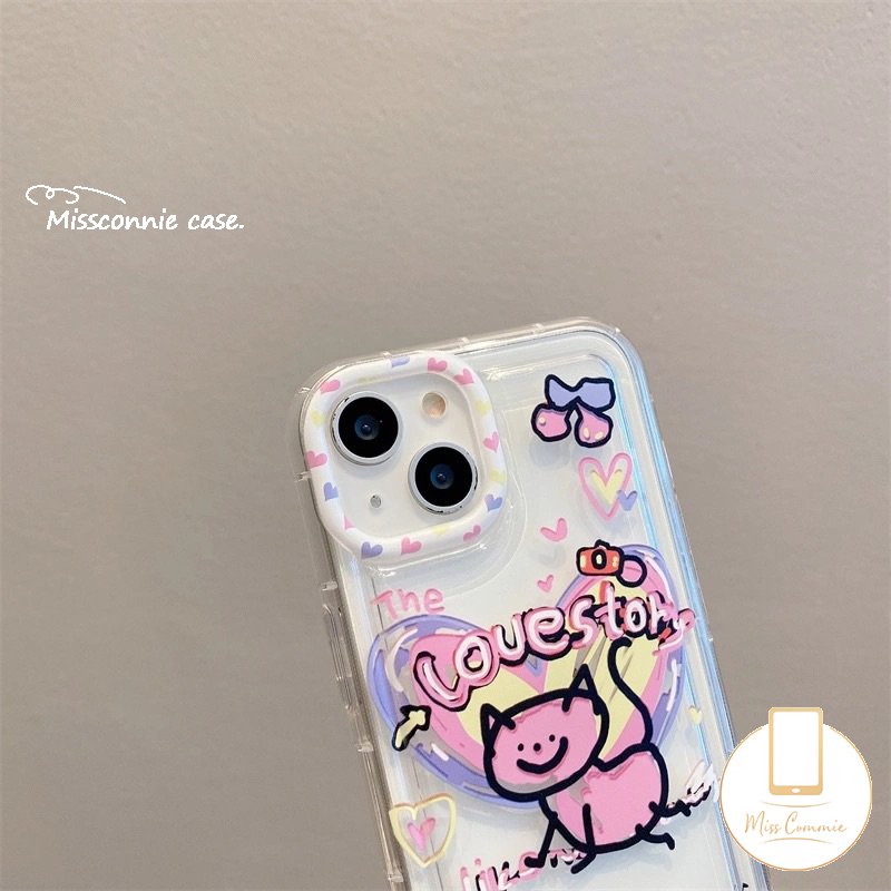 Ins Graffiti Cinta Hati Case Kompatibel Untuk iPhone 11 Pro Max7 6s 86 Plus XR 13 14 11 12 Pro Max X XS Max SE 2020 Lembut Tpu Kartun Kucing Airbag Shockproof Clear Phone Cover