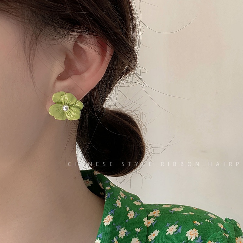 Korea Hijau Bunga Stud Earrings Retro Hati Stud Earrings2023Musim Panas Baru Ladies Fashion Aksesoris