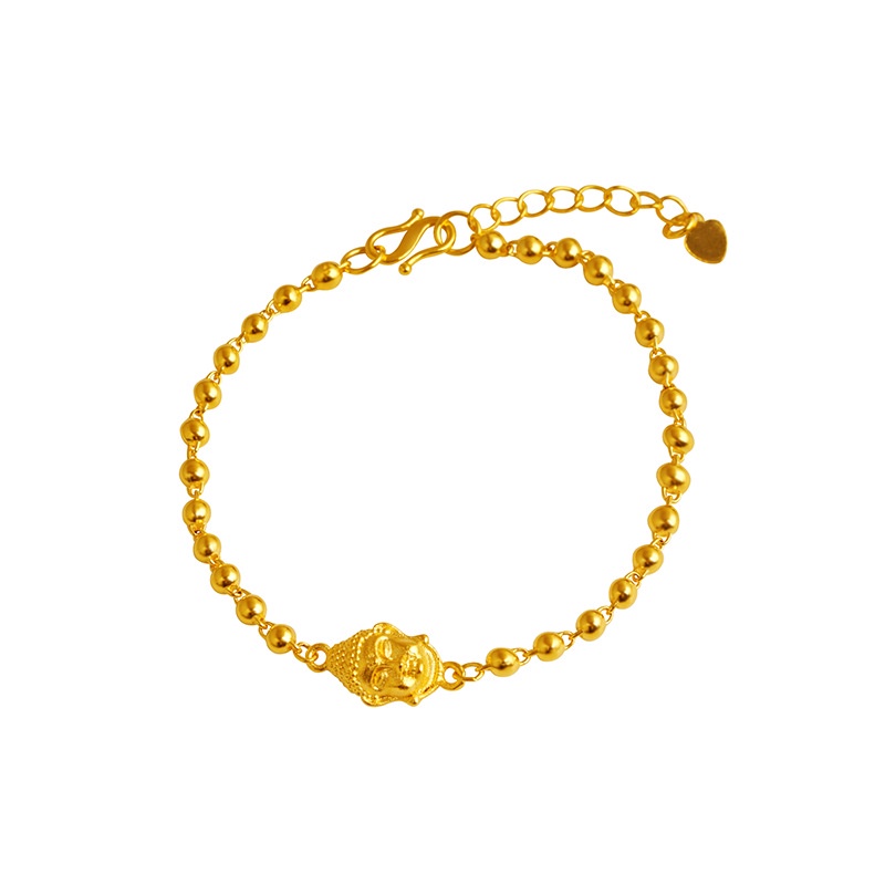 Goldkingdom Fashion Perhiasan 24 K Bangkok Aksesoris Ready Stock Baru Berlapis Emas Gelang Kepala Buddha Melubangi Fu Karakter Model Perempuan Retro Manik Rantai Penyesuaian