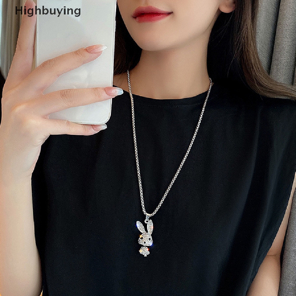 Hbid Fashion Punk Kristal Berlian Imitasi Choker Kalung Kelinci Bunny Liontin Stainless Steel Rantai Kalung Panjang Hip Hop Pesta Perhiasan Aksesoris Glory