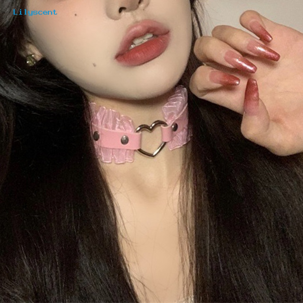 [LS] Wanita Choker Punk Harajuku Ruffle Renda Paku Keling Hadiah Kulit Imitasi Berongga Cinta Hati Gadis Kerah Kalung Pakaian Sehari-Hari