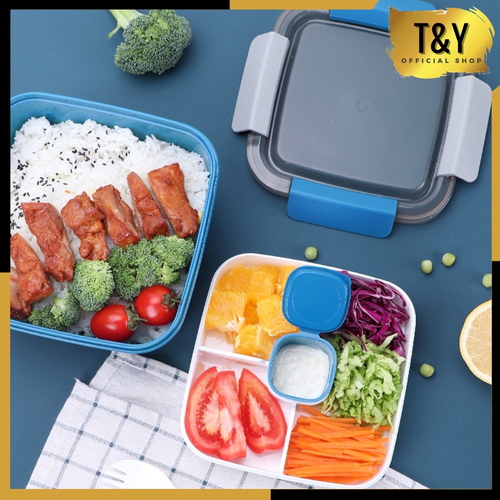 T&amp;Y Kotak Bekal 2 Tingkat 1100Ml Free Sendok 2in1 Wadah Saus Kecil Bento Lunch Box Tempat Makanan 1.1 Liter Kotak Makan Anak Anti Tumpah