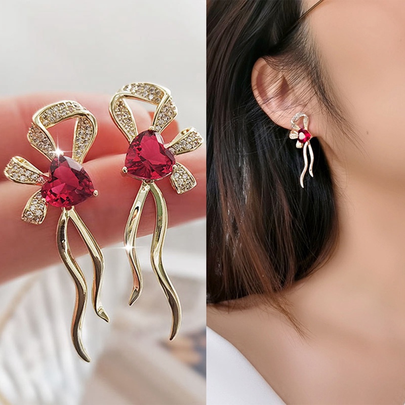 Indah Merah Hati Cubic Zirconia Warna Emas Anting Wanita Untuk Pernikahan Pertunangan Piercing Aksesoris Busur Anting Perhiasan Fashion