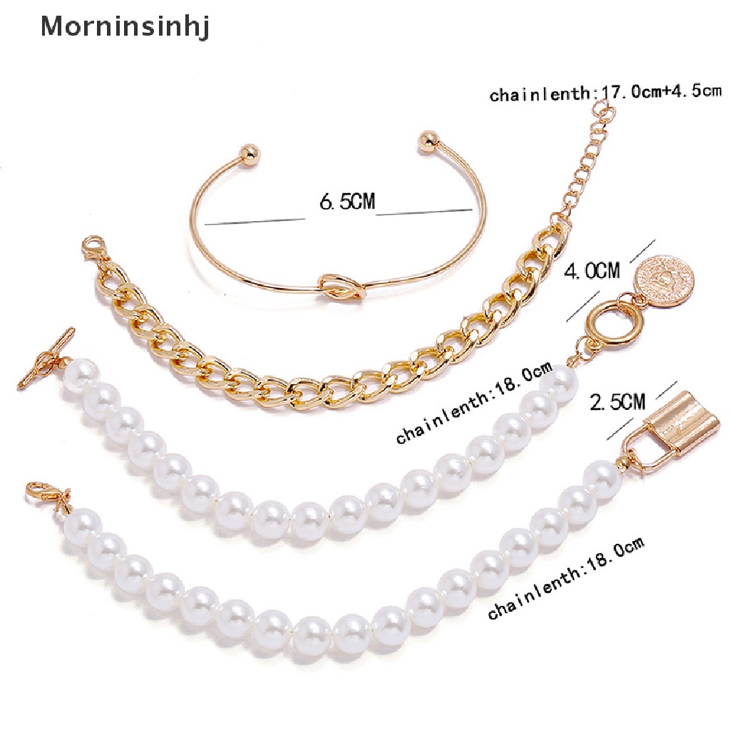 Mornin 4 Pcs Bohemian Multilayer Rumbai Mutiara Gelang Untuk Wanita Geometris Bulat Koin Manik-Manik Kunci Tangan Rantai Pesona Gelang Set Perhiasan Hadiah id