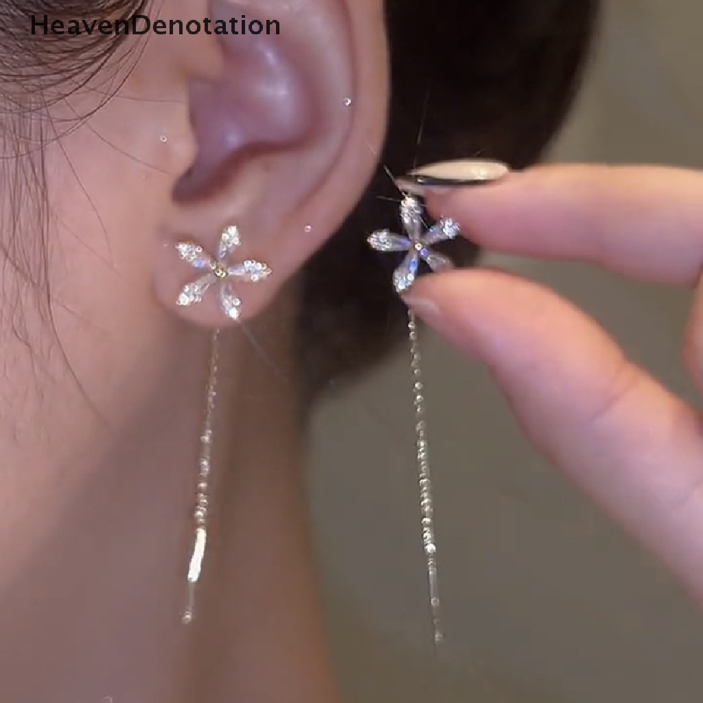 [HeavenDenotation] 1pasang Indah Mode Zirkon Bersinar Bunga Anting Cahaya Panjang Rumbai Rantai Menjuntai Anting-Anting Bermutu Tinggi Desain Perasaan Ornamen Perhiasan HDV