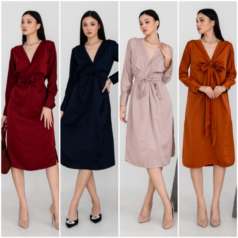 ⚡️CLEARANCE SALE ♡ PREMIUM ♡ REAL PIC ! SYELLAR TUNIK V-NECK MULTIWAYS OBI TIED LONG SLEEVE SLIT MIDI DRESS