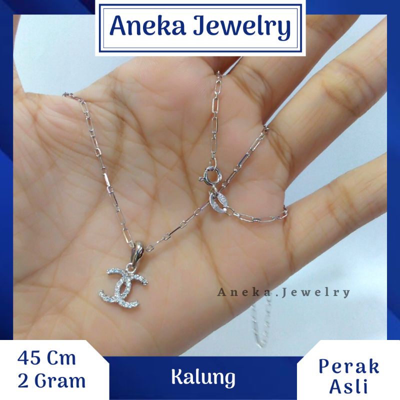 Kalung Paper Clip + Liontin Cor Mata Variasi, Sepuh Emas Putih, Perak 925