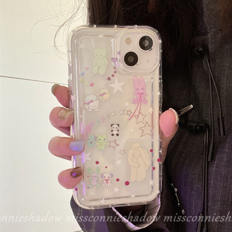 IPHONE Airbag Shockproof Clear Soft Silicon Case Kompatibel Untuk Iphone11 7 8 6 6s Plus 11 13 14 12 Pro MAX XR X XS MAX SE 2020 Ins Graffiti Kartun Lucu Lovely Star Bear TPU Penutup Belakang