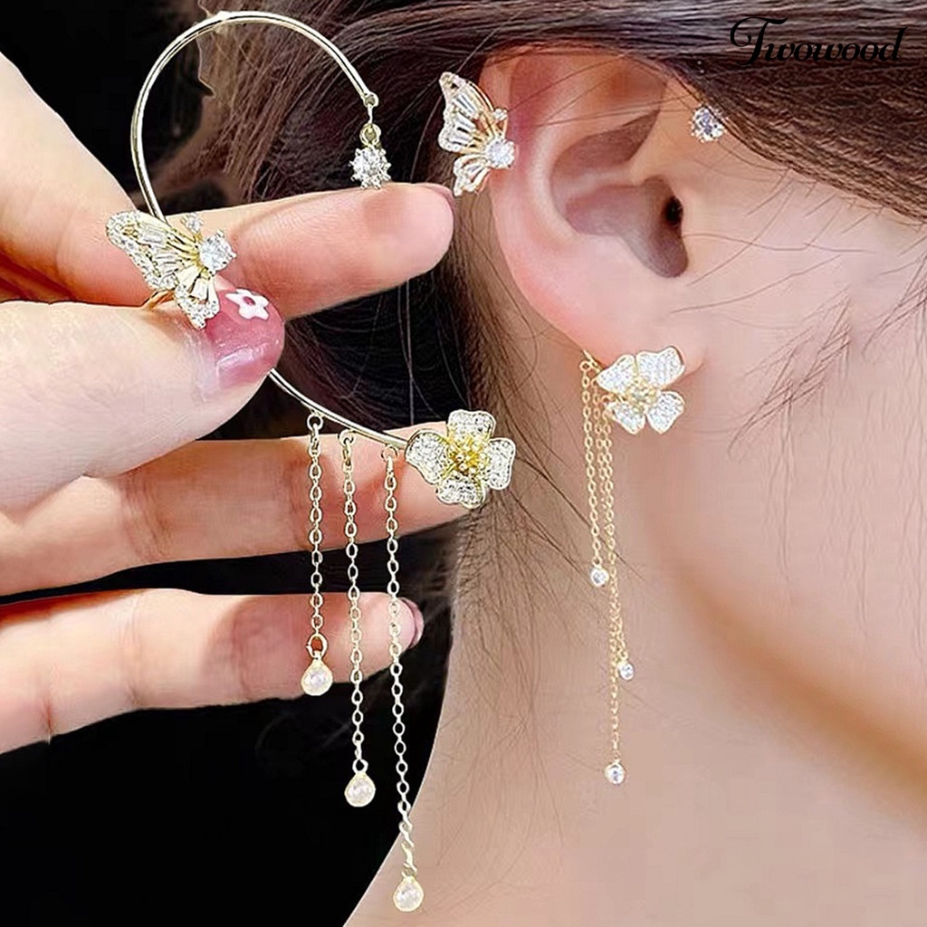 Twowood 1Pc Manset Telinga Mewah Temperamen Dekorasi Geometris Tinggi Gloss Berdandan Tanpa Tindik Shiny Cubic Zirconia Butterfly Ear Cuff Perhiasan Aksesoris