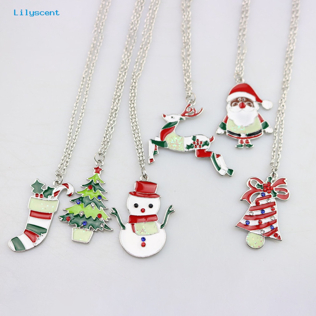 [LS] Wanita Kalung Enamel Meriah Berlian Imitasi Mengkilap Hias All-match Dekoratif Hadiah Tahun Baru Merry Christmas Santa Claus Snowman Elk Pendant Necklace Perhiasan Aksesori