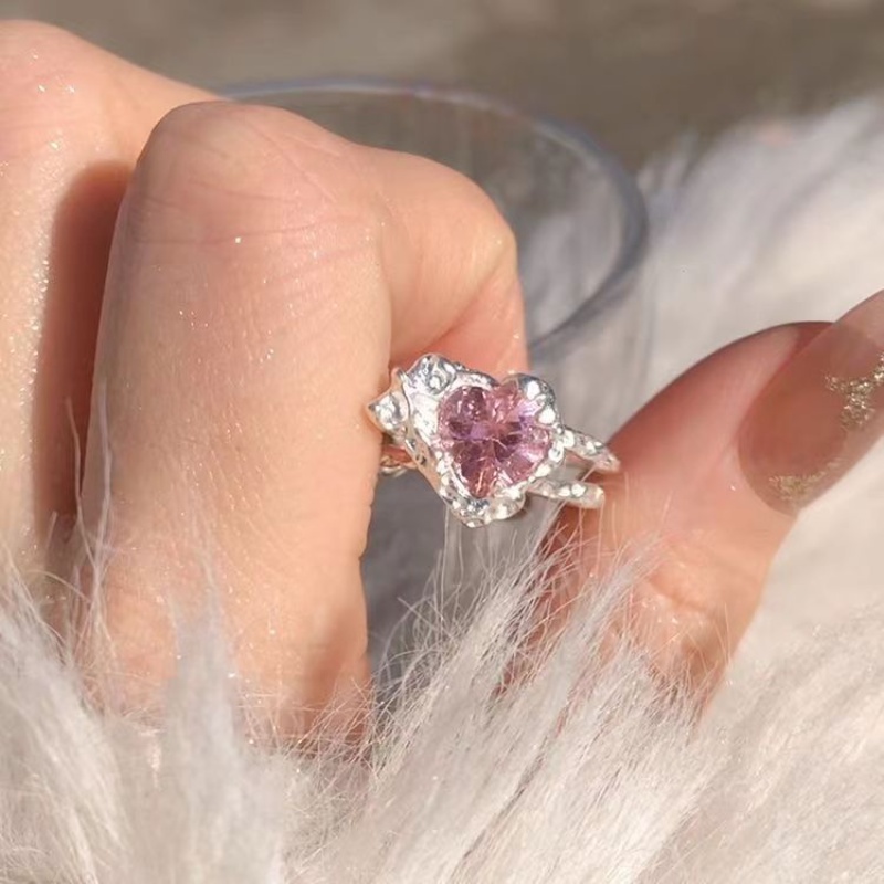 Roselife Korea S925 Perak Manis Merah Muda Kristal Jantung Cincin Untuk Wanita Gadis Berlian Imitasi Cincin Pertunangan Pesta Pernikahan Jari Perhiasan Hadiah Untuk Her