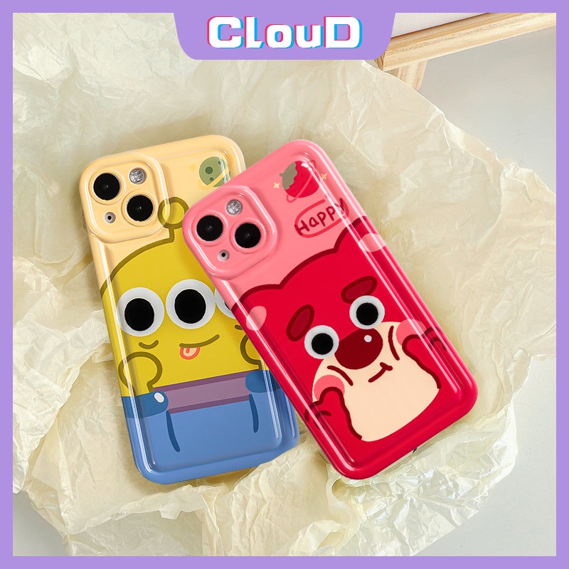 IPHONE Pasangan Kartun Airbag Shockproof Case Kompatibel Untuk Iphone11 14 13 12 Pro Max 7Plus XR XS Max X 6s 7 6 8 Plus SE 2020 Cute Strawberry Bear Manyo Toy Story Alien Soft TPU Cover