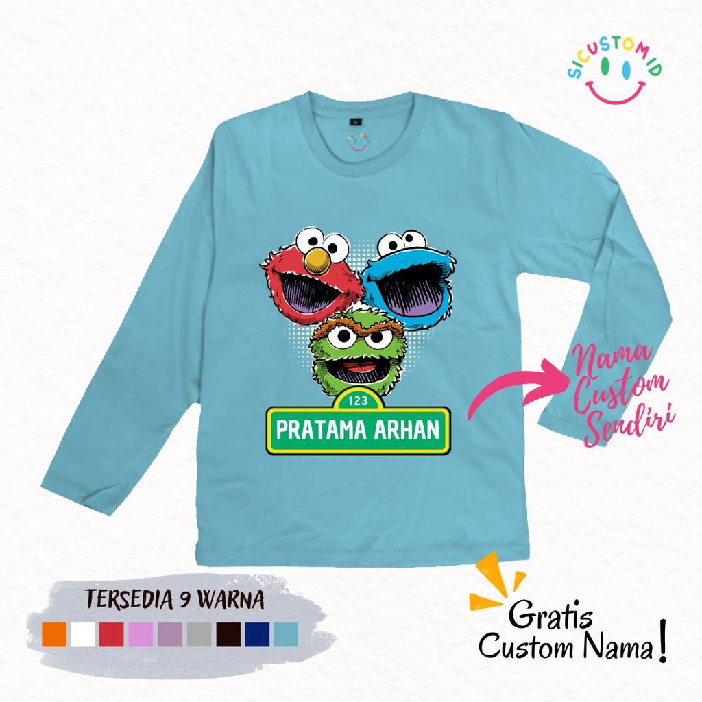 TERLARIS BAJU KAOS ANAK SESAME STREET | GRATIS CUSTOM NAMA COWOK/CEWEK TANGAN PANJANG KARTUN ANAK