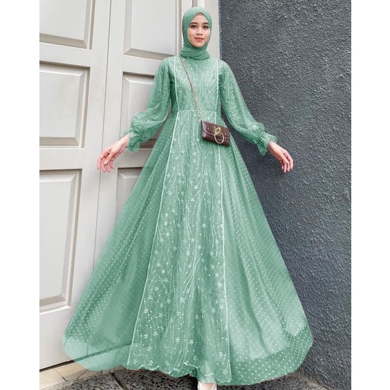 ELDE 12 - Maxi Venna Maxy Terusan Bahan Tile Mutiara Lapis Velvet dan Kombi Tile Onde Bagian Blkg Polos Velvet, Sleting dan Karet Blkg