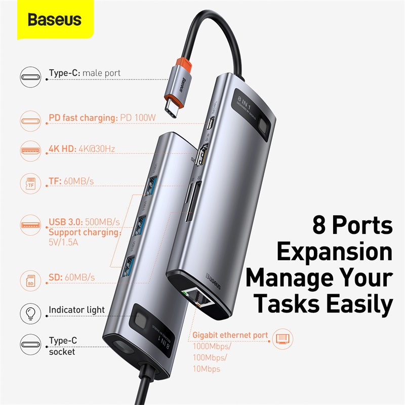 Baseus USB HUB Type C Multi USB 3.0 4K HD PD 100W Port USB HUB Adapter